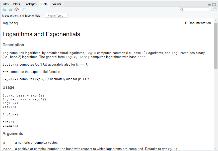 The help page for Logarithms and Exponentials.